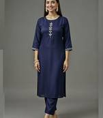 Navy embroidered rayon kurta set