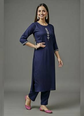 Navy embroidered rayon kurta set 2
