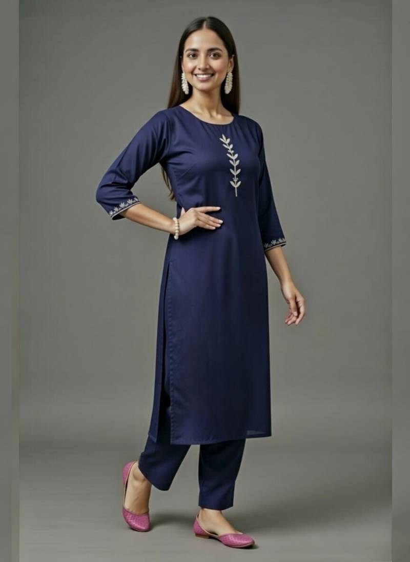 Navy embroidered rayon kurta set