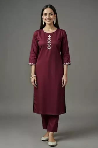 Maroon embroidered rayon kurta set