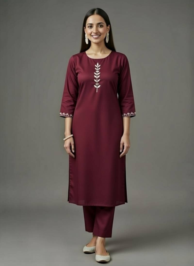 Maroon embroidered rayon kurta set