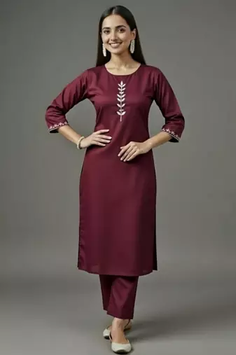 Maroon embroidered rayon kurta set
