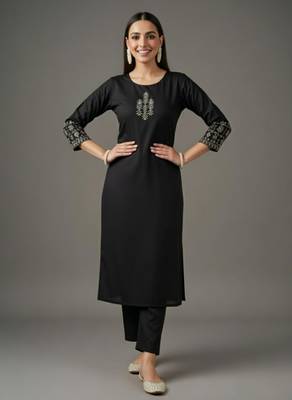 Black embroidered rayon kurta set 1