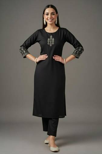 Black embroidered rayon kurta set