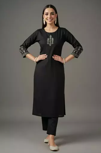 Black embroidered rayon kurta set