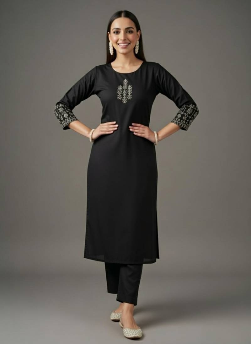 Black embroidered rayon kurta set