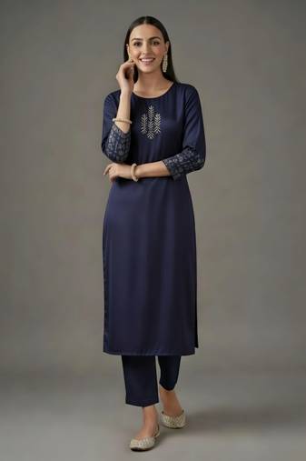 Navy embroidered rayon kurta set