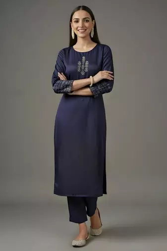 Navy embroidered rayon kurta set