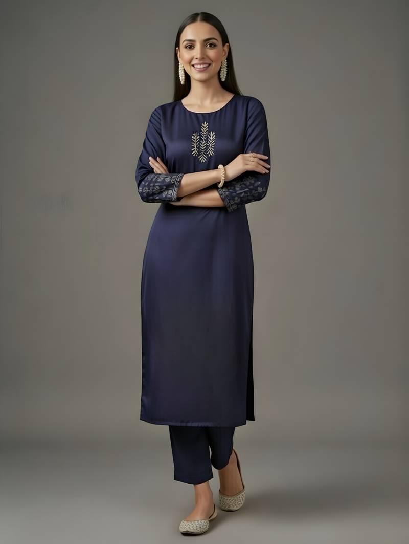 Navy embroidered rayon kurta set