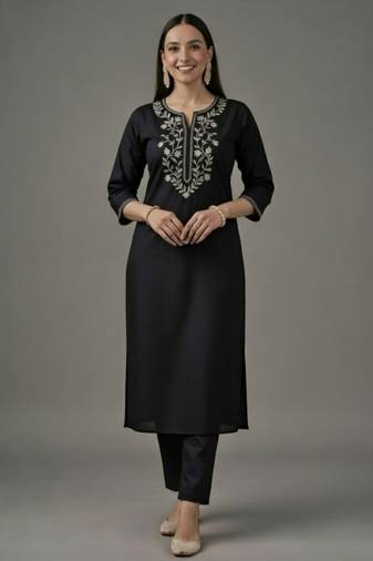 Black embroidered rayon kurta set