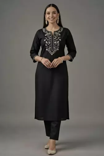 Black embroidered rayon kurta set