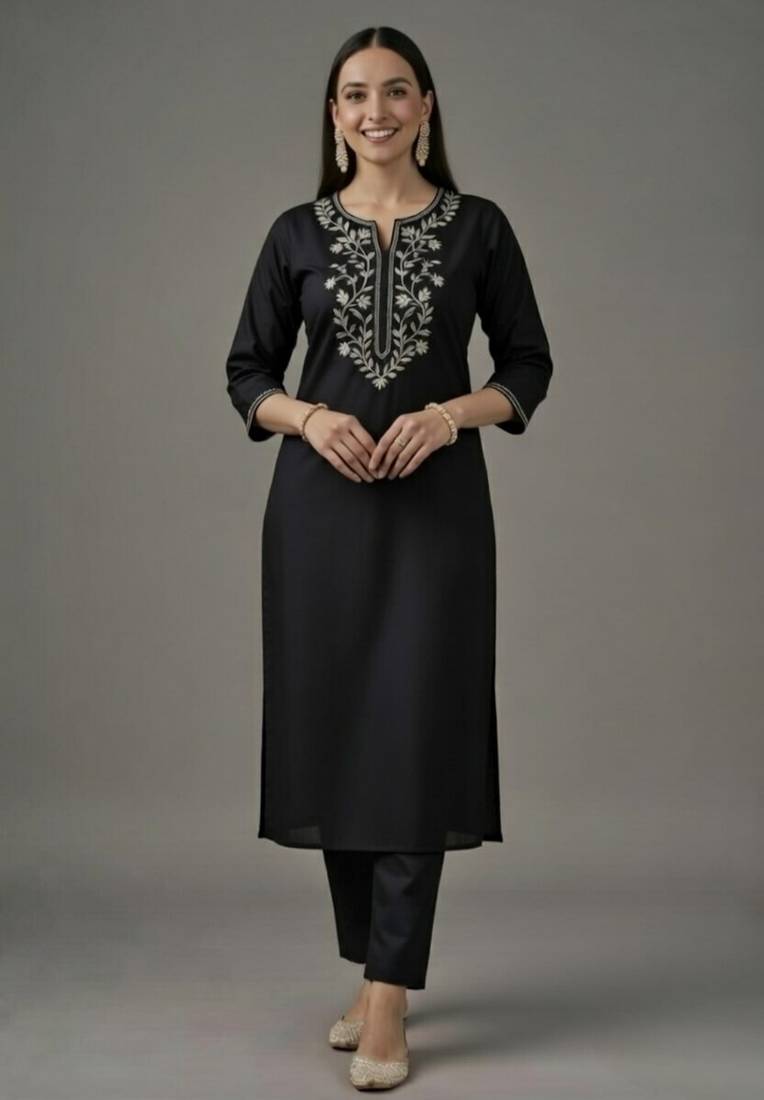 Black embroidered rayon kurta set