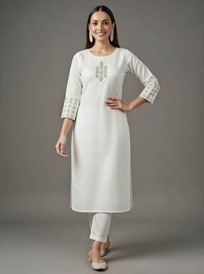 White embroidered rayon kurta set 1