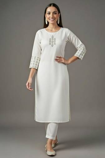 White embroidered rayon kurta set