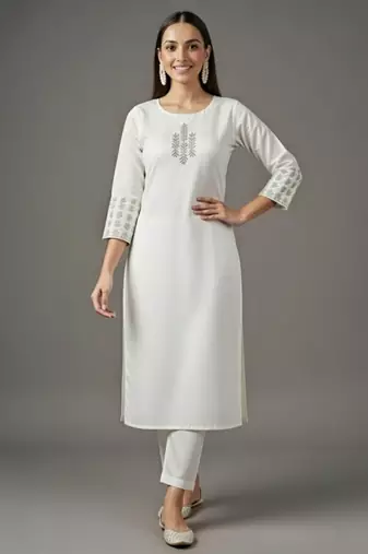 White embroidered rayon kurta set