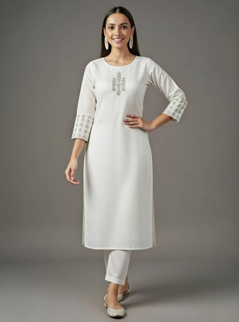 White embroidered rayon kurta set