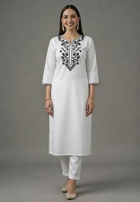 White embroidered rayon kurta set 1