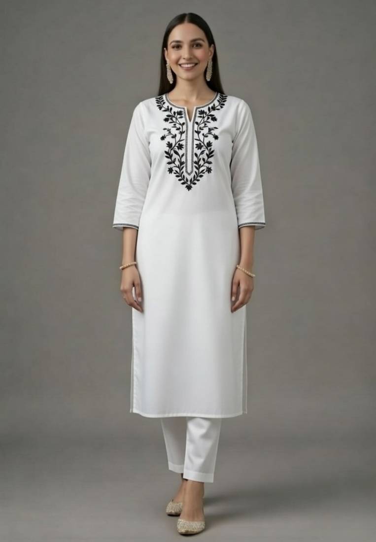 White embroidered rayon kurta set