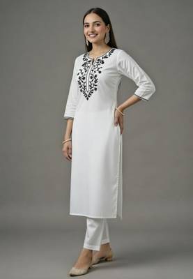 White embroidered rayon kurta set 2