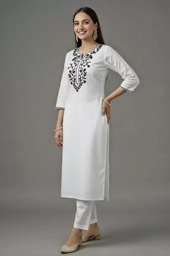 White embroidered rayon kurta set