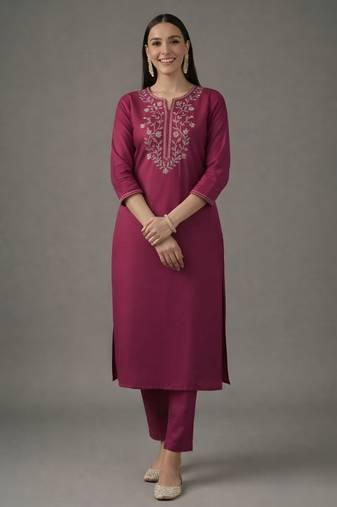 Pink embroidered rayon kurta set
