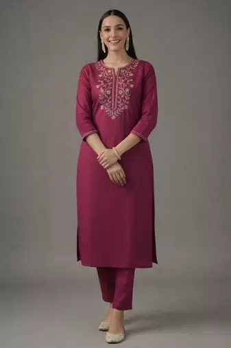 Pink embroidered rayon kurta set