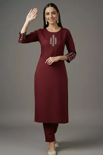 Maroon embroidered rayon kurta set