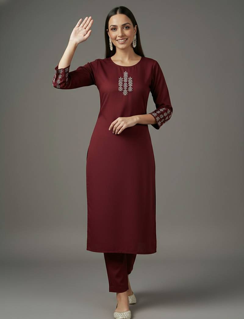 Maroon embroidered rayon kurta set