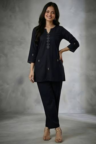 Black embroidered rayon kurta set