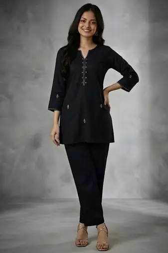 Black embroidered rayon kurta set