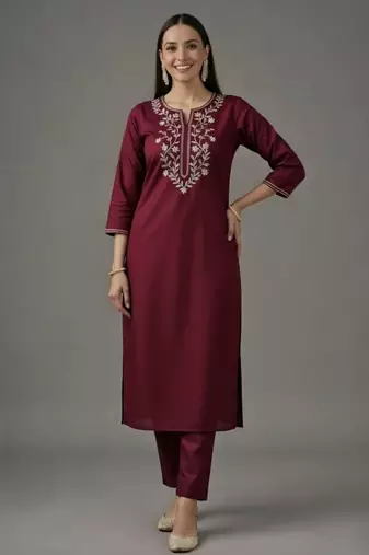 Maroon embroidered rayon kurta set