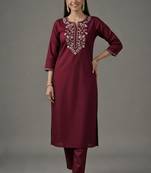 Maroon embroidered rayon kurta set