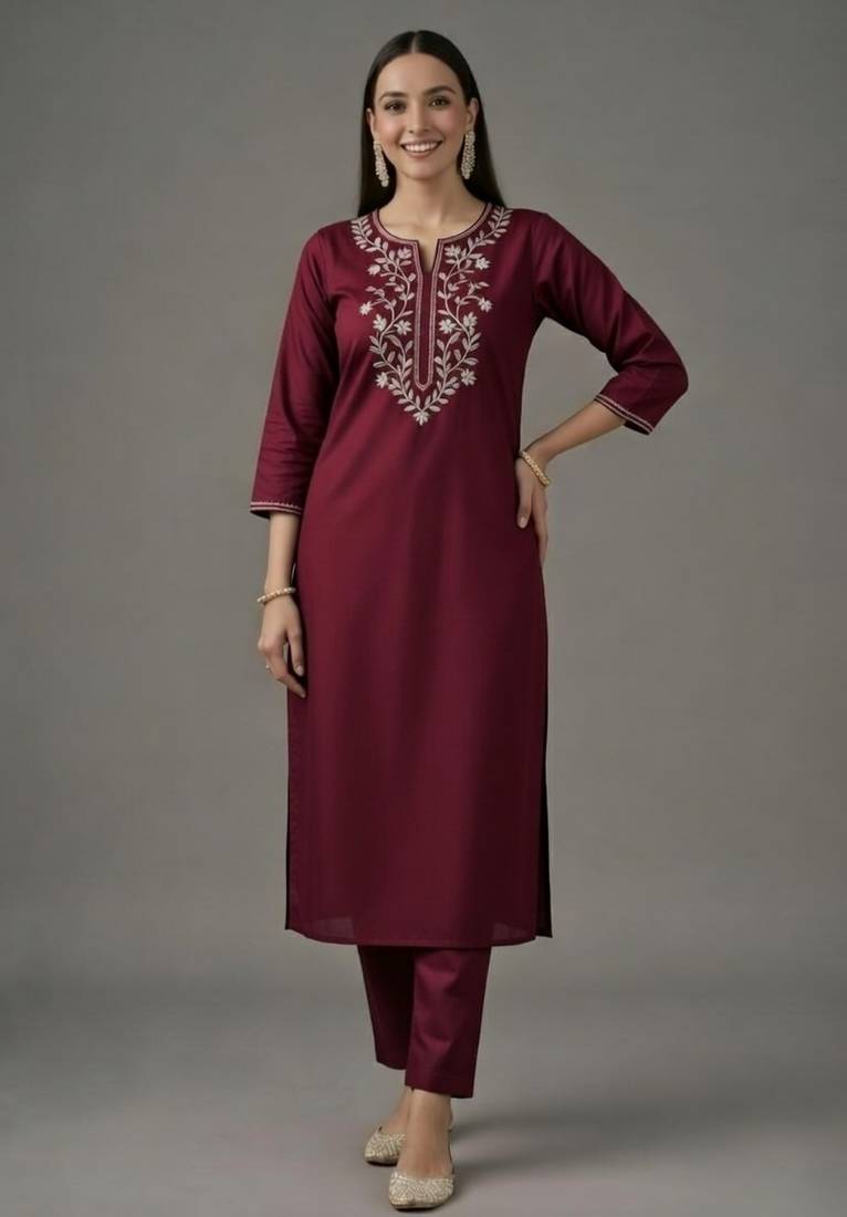 Maroon embroidered rayon kurta set