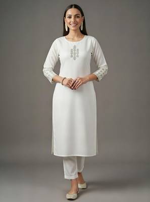White embroidered rayon kurta set 2