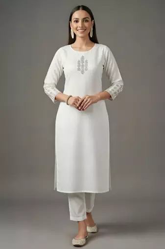 White embroidered rayon kurta set