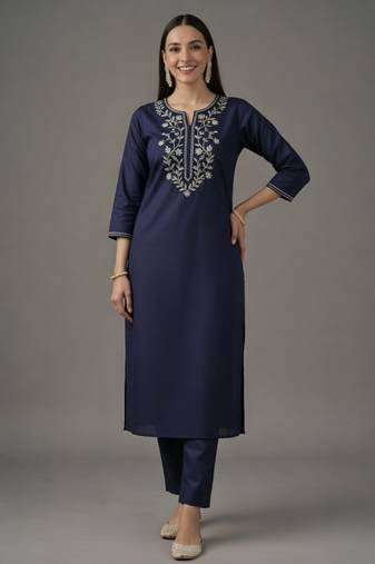 Navy embroidered rayon kurta set