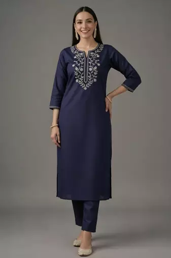 Navy embroidered rayon kurta set