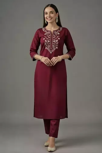 Maroon embroidered rayon kurta set