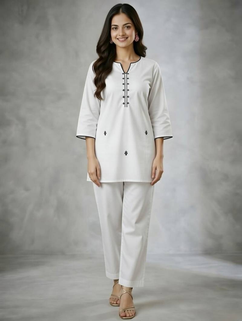 White embroidered rayon kurta set