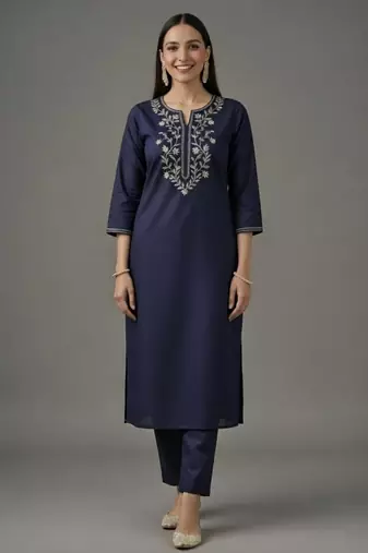 Navy embroidered rayon kurta set