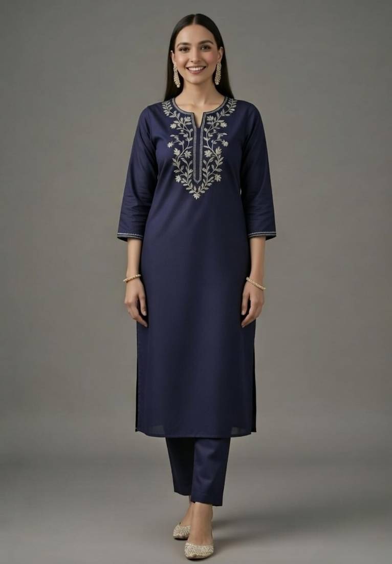 Navy embroidered rayon kurta set