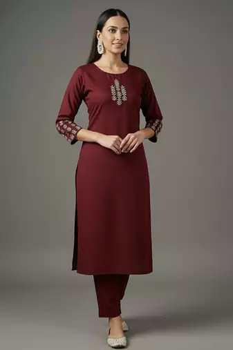 Maroon embroidered rayon kurta set
