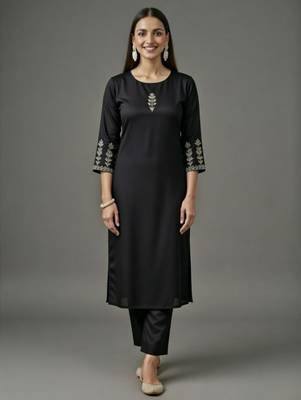 Black embroidered rayon kurta set 1