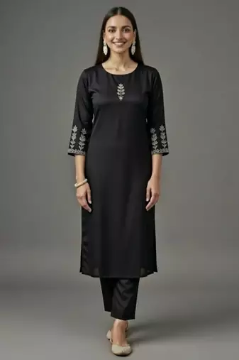 Black embroidered rayon kurta set