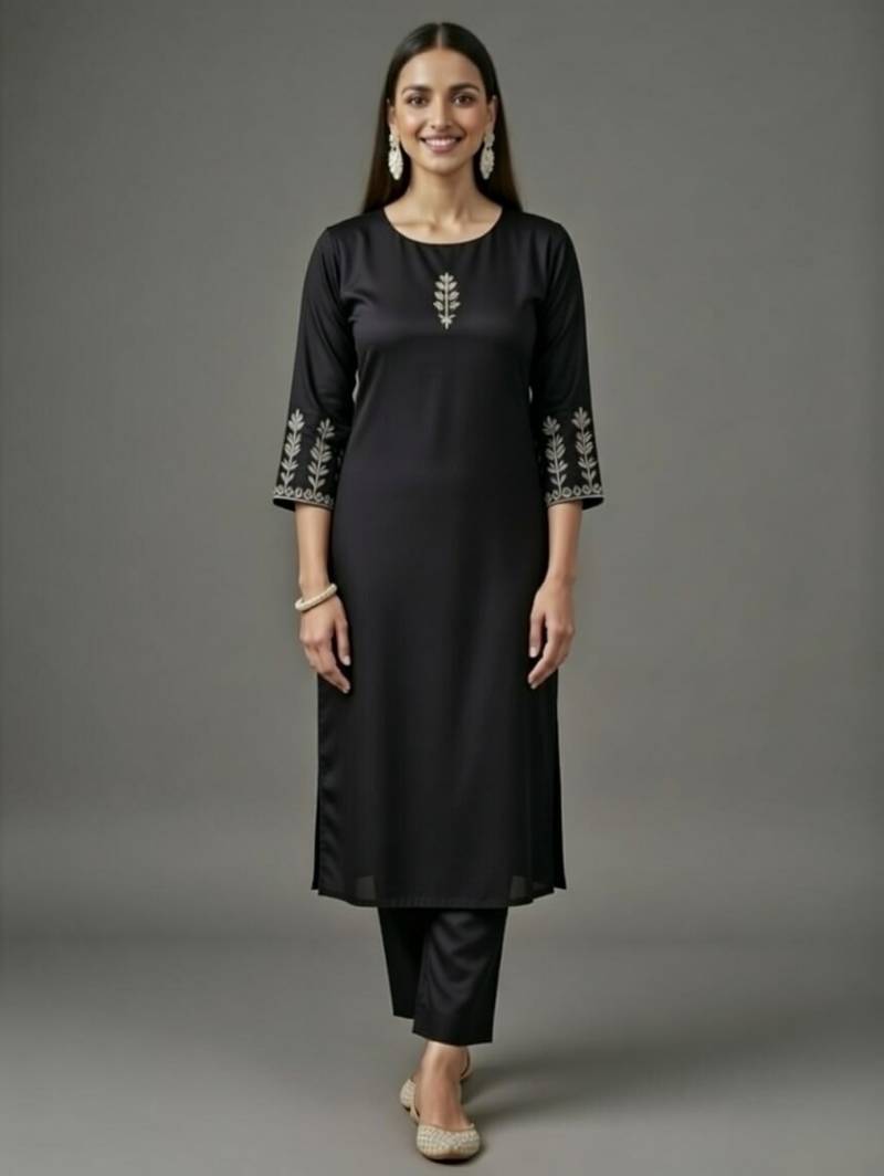 Black embroidered rayon kurta set