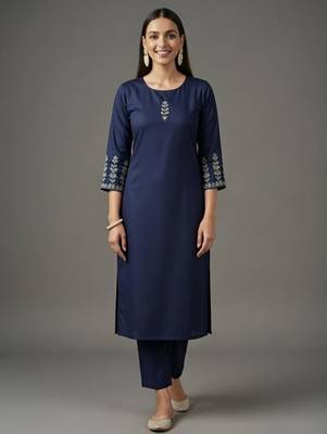 Navy embroidered rayon kurta set 1