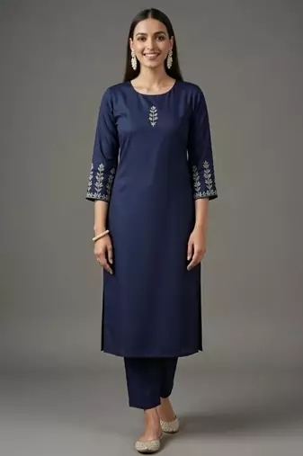 Navy embroidered rayon kurta set