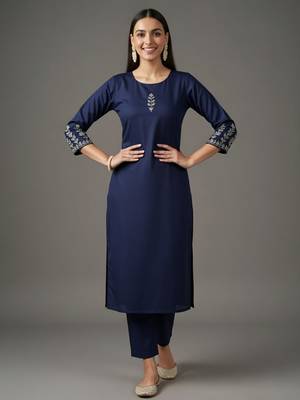 Navy embroidered rayon kurta set 2