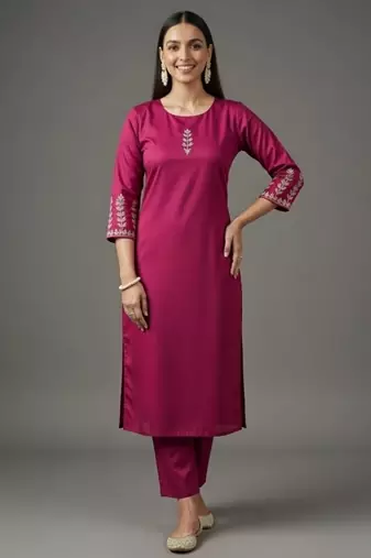 Pink embroidered rayon kurta set