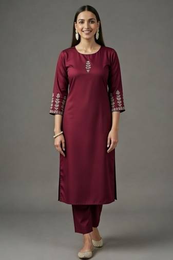 Maroon embroidered rayon kurta set